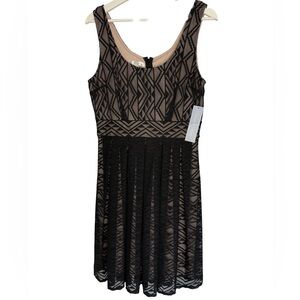 NEW London Times Black and Beige Crochet Lace Geometric Sleveless Mini Dress